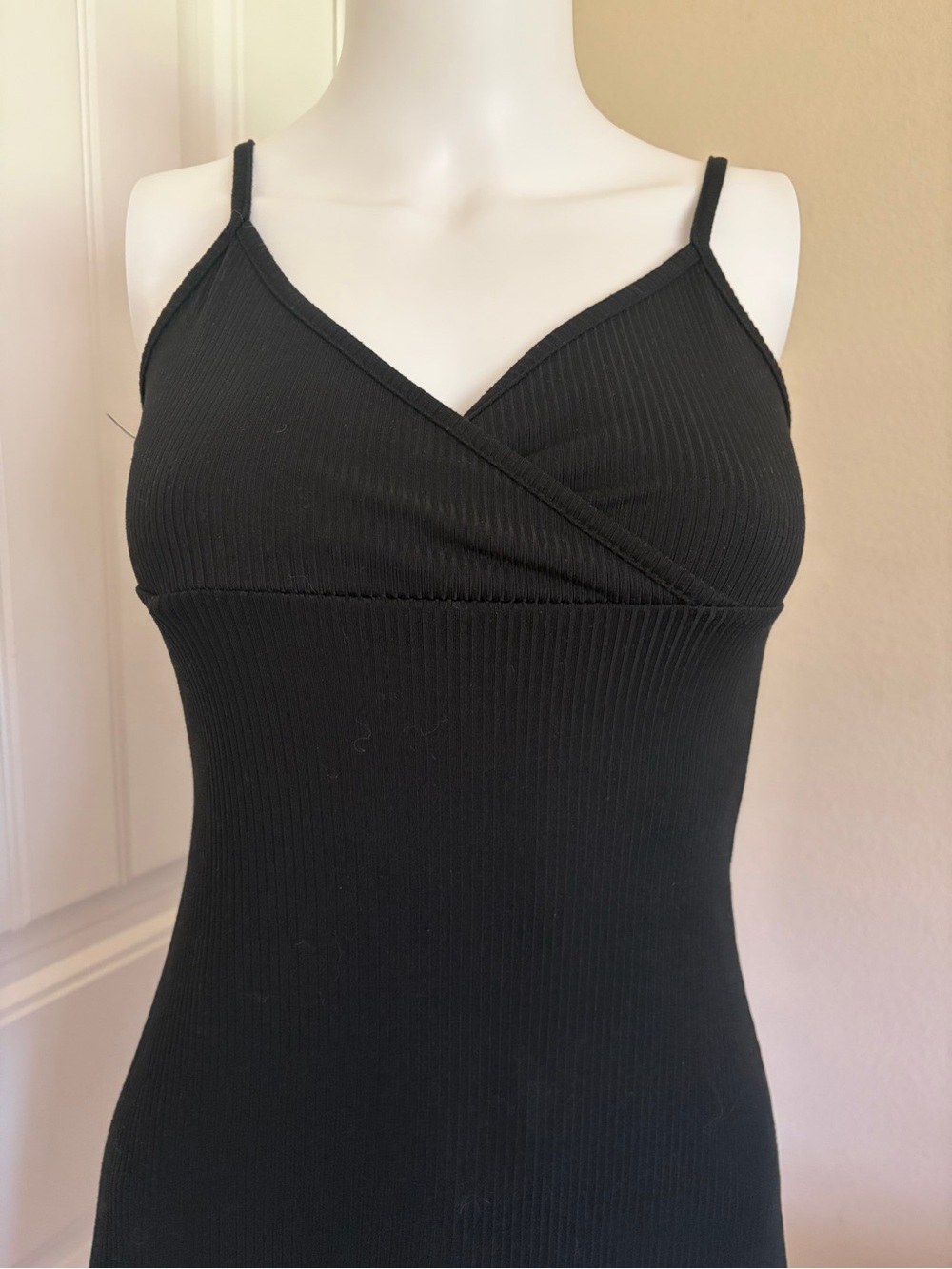 Simple Black Ribbed Spaghetti Strap Mini Dress - Picture 2 of 3